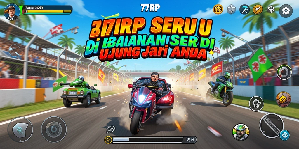 Screenshot menampilkan aksi balapan seru dalam 77RP.