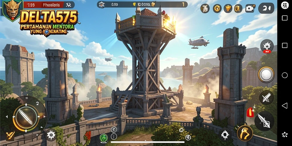 Screenshot gameplay DELTA575 menunjukkan menara dan musuh yang beragam.