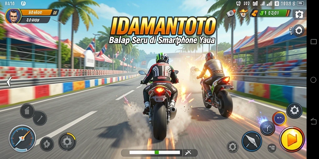 Screenshot gameplay seru dari IDAMANTOTO saat balapan di lintasan.