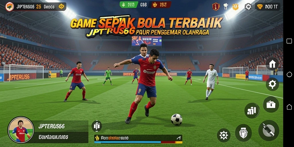 Tampilan gameplay seru dalam JPTERUS66, menunjukkan aksi sepak bola yang mendebarkan.