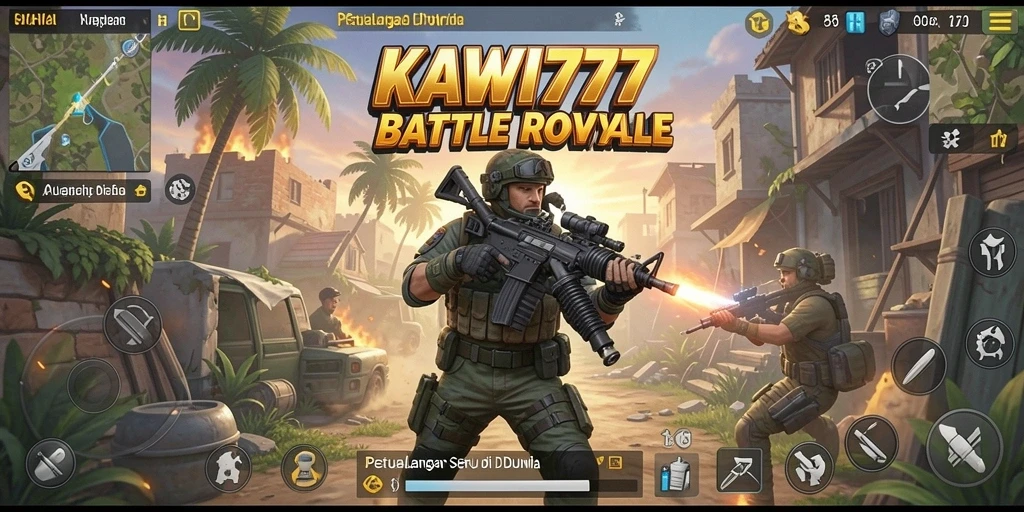 Gameplay KAWI777 menampilkan pertarungan intens di medan perang Battle Royale.