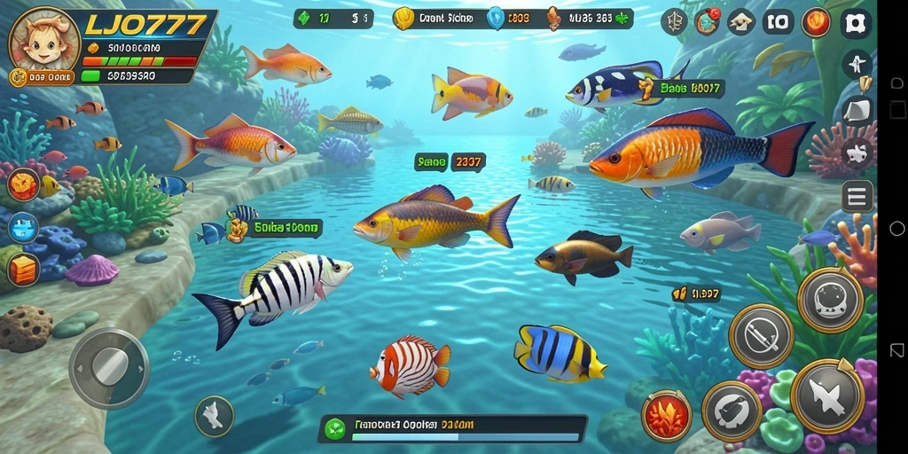 Screenshot gameplay LJO777 menampilkan aksi menembak ikan yang seru.