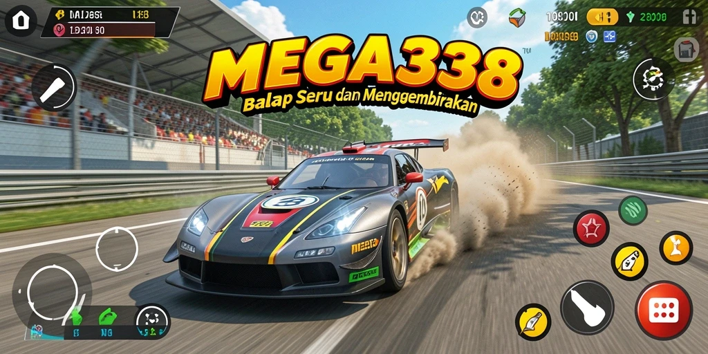 Tampilan gameplay balapan seru di MEGA338 dengan mobil yang melaju kencang.