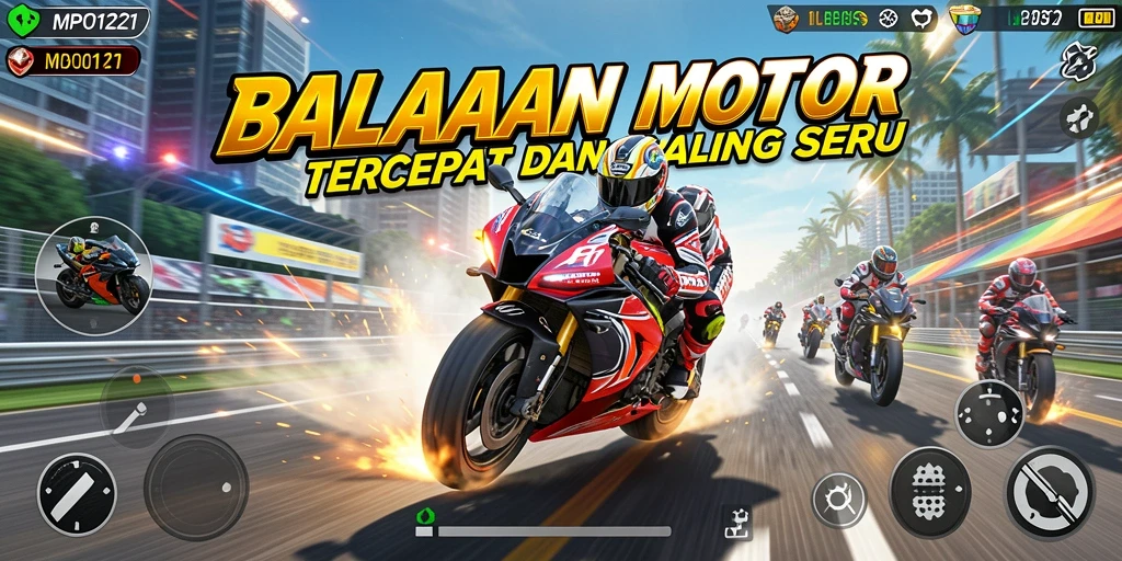 Tampilan gameplay mendebarkan dari MPO1221 dalam balapan motor.