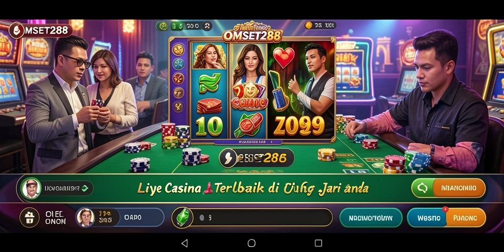 Screenshot gameplay OMSET288 menampilkan dealer langsung dan suasana casino yang dinamis.