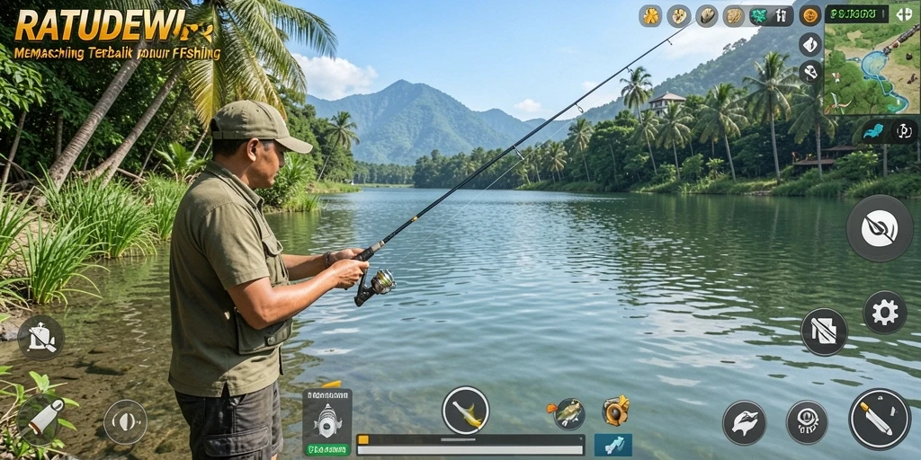 Tampilan gameplay RATUDEWI yang menyiapkan peralatan memancing dalam suasana alam yang indah.
