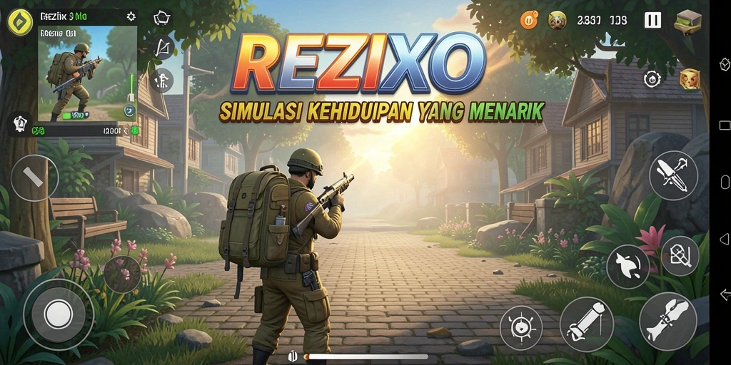 Tampilan gameplay <strong>REZIXO</strong> dengan karakter yang berinteraksi di dunia virtual.