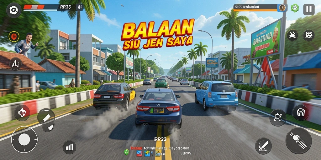 Screenshot gameplay RR33 menunjukkan mobil balap melaju cepat di lintasan.