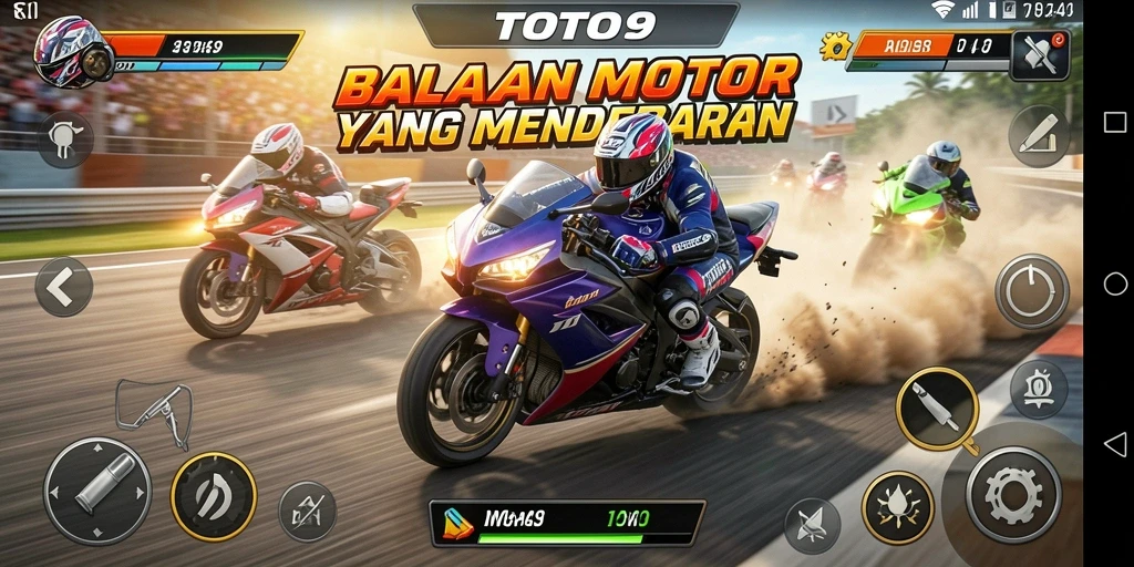 Tampilan gameplay TOTO9 dengan balapan motor yang seru.